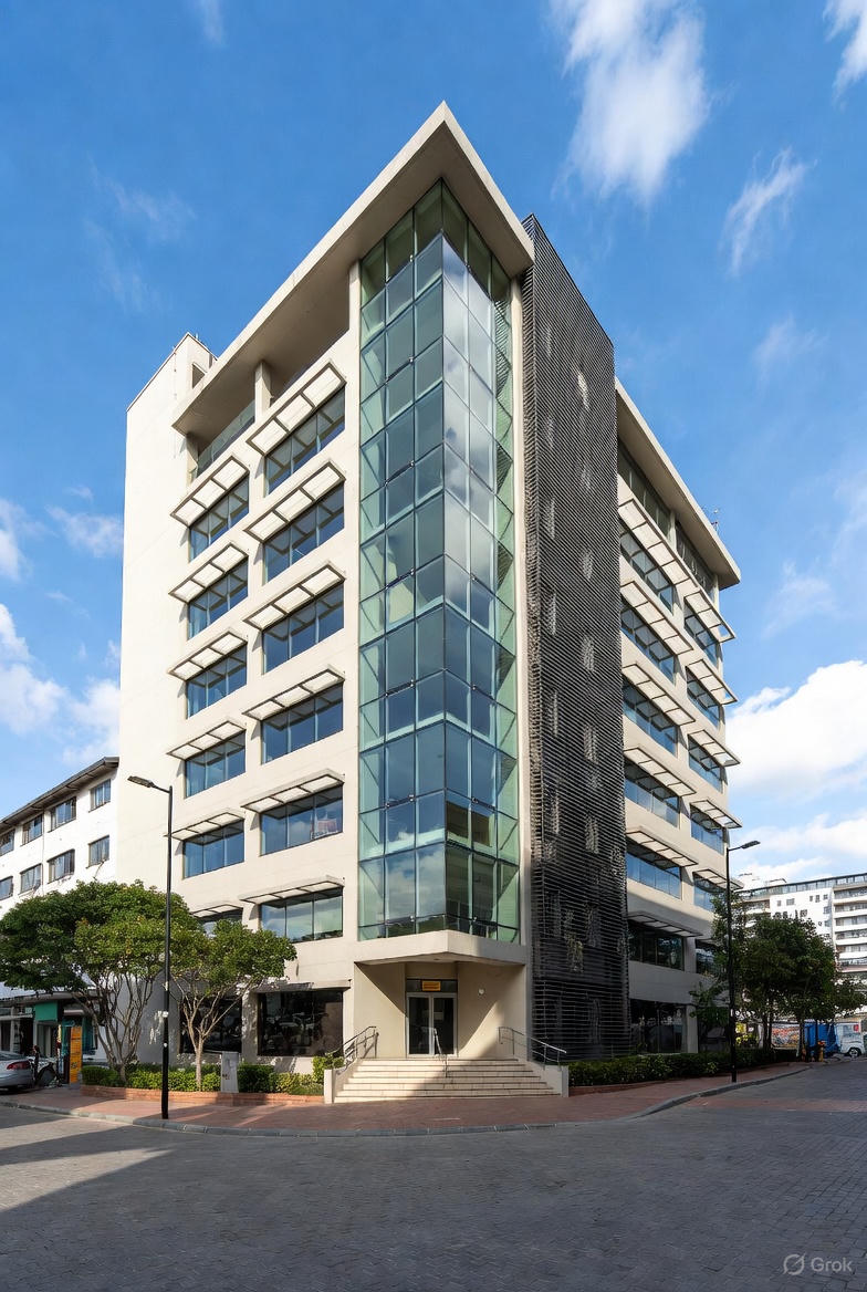 Moderne højhus med glasfacade og betonstruktur i bymiljø, perfekt som investeringsejendom til kommercielle formål på en solrig dag.